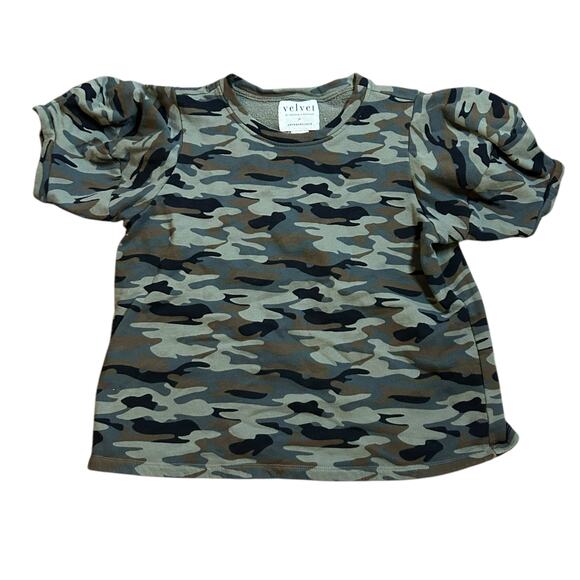 Velvet by Graham & Spencer for Anthropologie Green Camo Puff Sleeves Top Medium - Picture 2 of 5